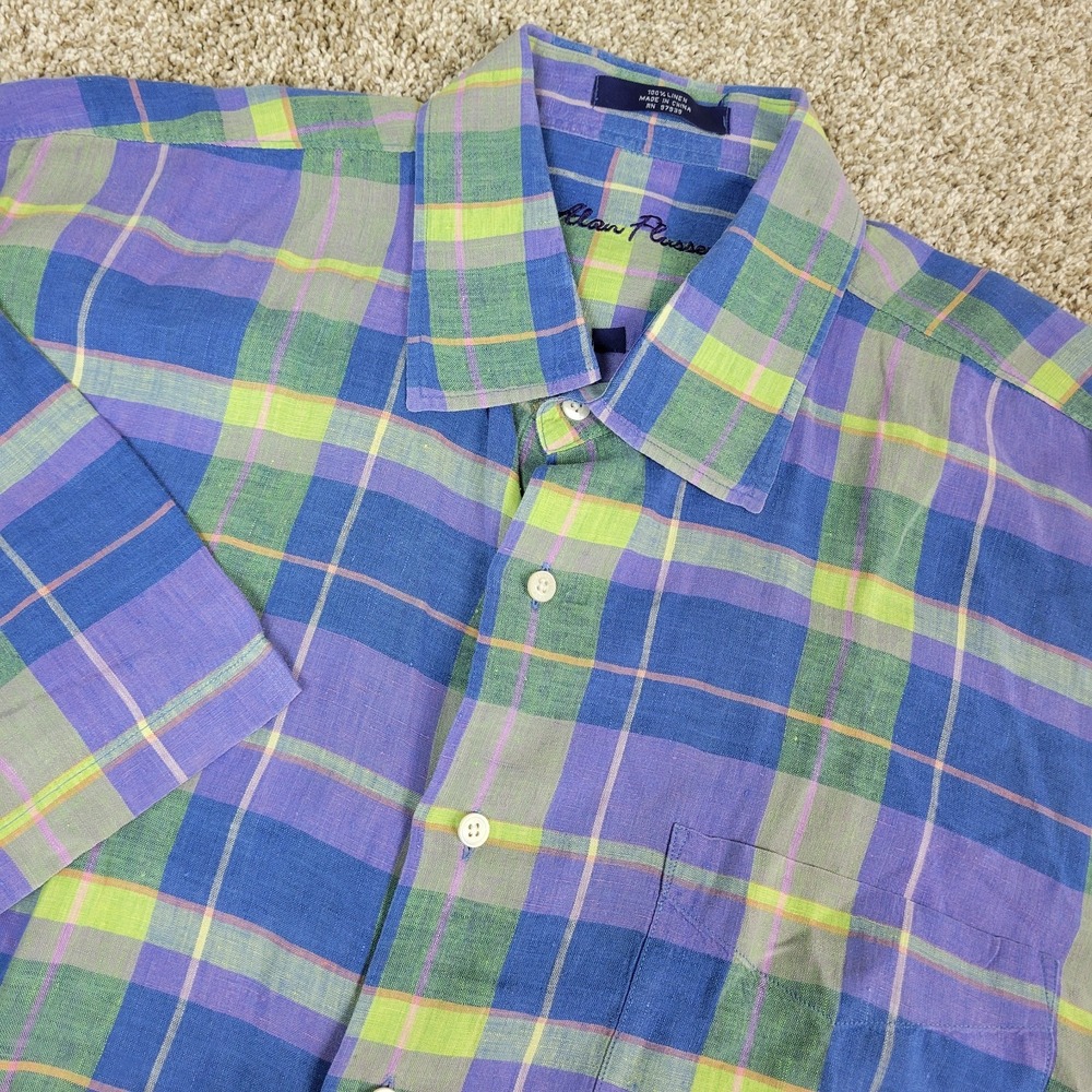 Alan Flusser Mens 2XL Multicolor Plaid‎ Button Up Short Sleeve 100% Linen